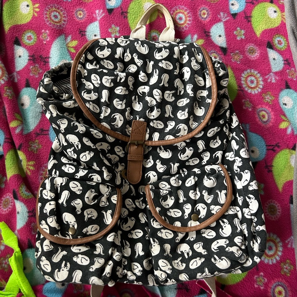 Black Canvas Backpack with White Cat Print and Brown Trim